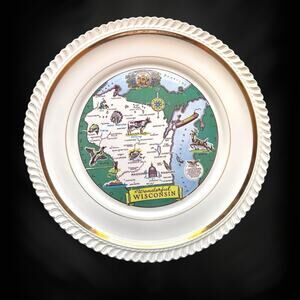 Vintage Wisconsin Souvenir Plate Pearl China Co Hand Decorated 22kt Gold 10.5"